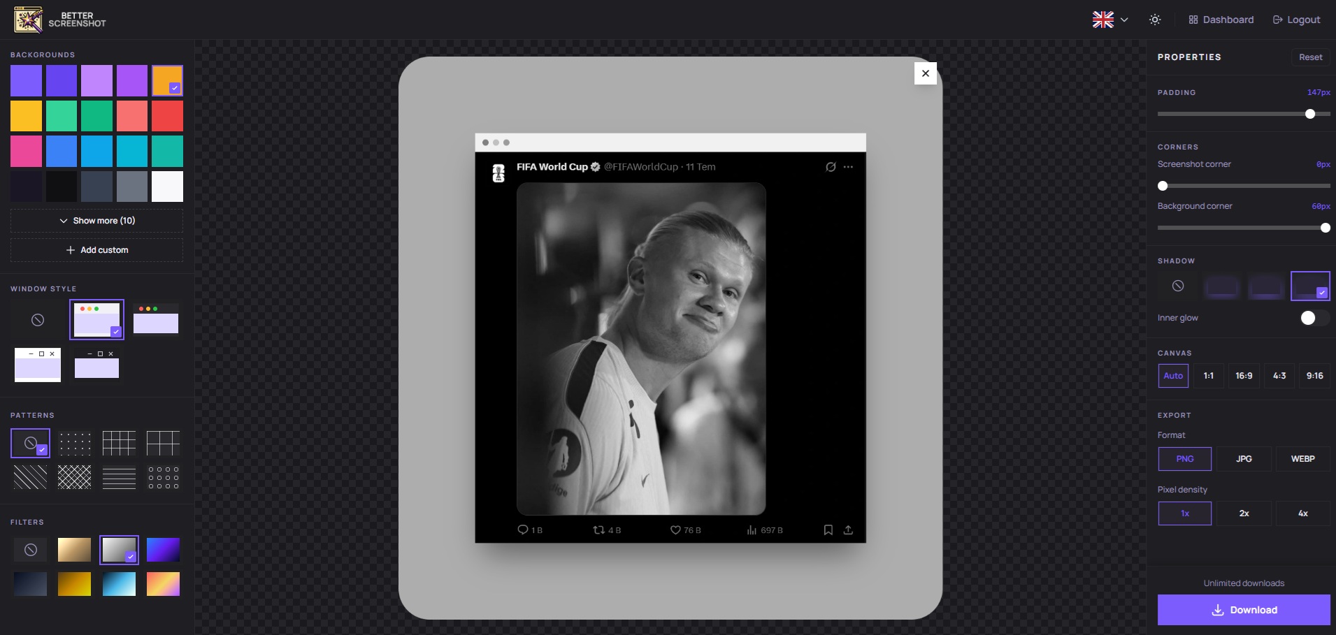 BetterScreenshot editor preview showing a polished screenshot with background, padding and shadow